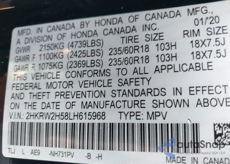 2020 Honda Cr-V Awd Ex z USA, uszkodzony, nr VIN 2HKRW2H58LH615968